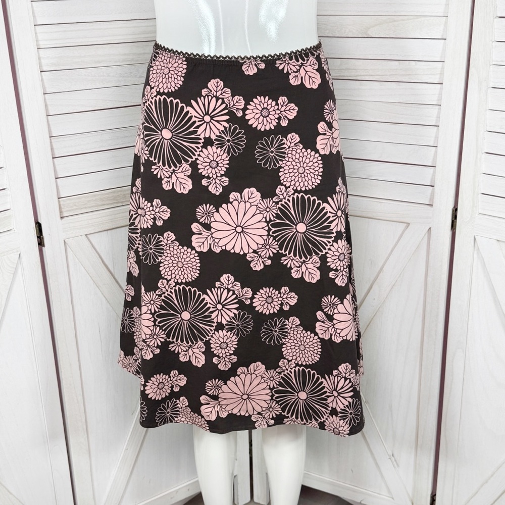 Vintage Espresso Y2k‎ Floral A Line Knee Length Skirt Brown Pink XS Boho Cottage